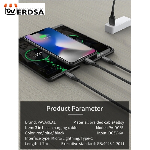 کابل تبدیل USB به MicroUSB / USB-C / لایتنینگ پاواریال مدل DC66 طول 1.2 متر