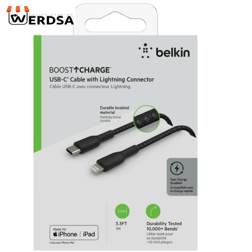 کابل تبدیل USB-C به لایتنینگ بلکین مدل CAA004bt1MBK Fast Charge طول 1 متر