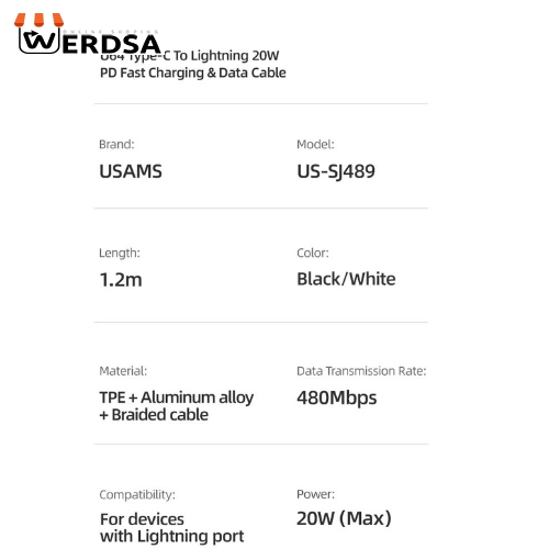 کابل تبدیل USB-C به لایتنینگ یوسمز مدل US-SJ489 20W طول 1.2 متر